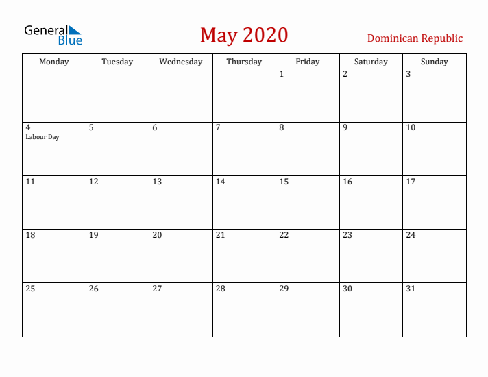 Dominican Republic May 2020 Calendar - Monday Start
