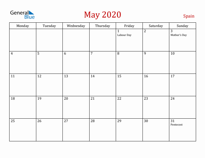 Spain May 2020 Calendar - Monday Start