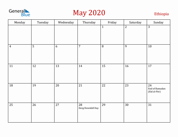 Ethiopia May 2020 Calendar - Monday Start