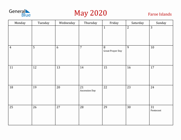 Faroe Islands May 2020 Calendar - Monday Start