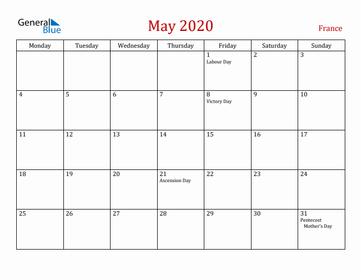 France May 2020 Calendar - Monday Start