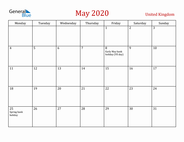 United Kingdom May 2020 Calendar - Monday Start