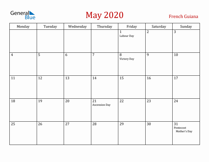 French Guiana May 2020 Calendar - Monday Start