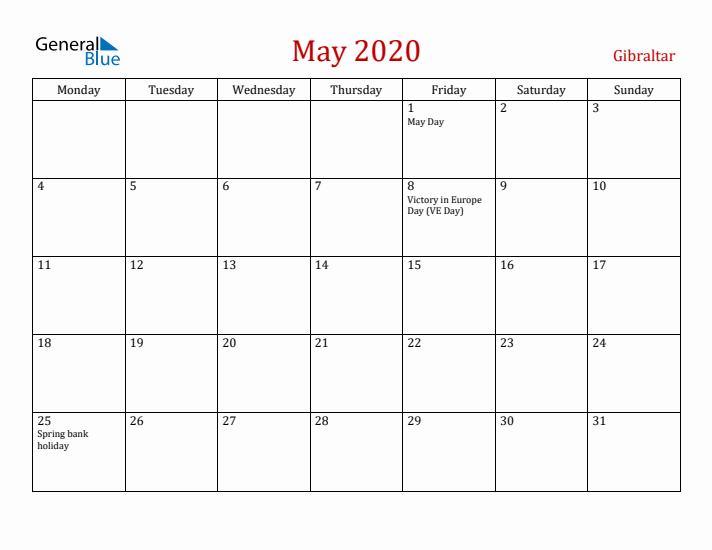 Gibraltar May 2020 Calendar - Monday Start