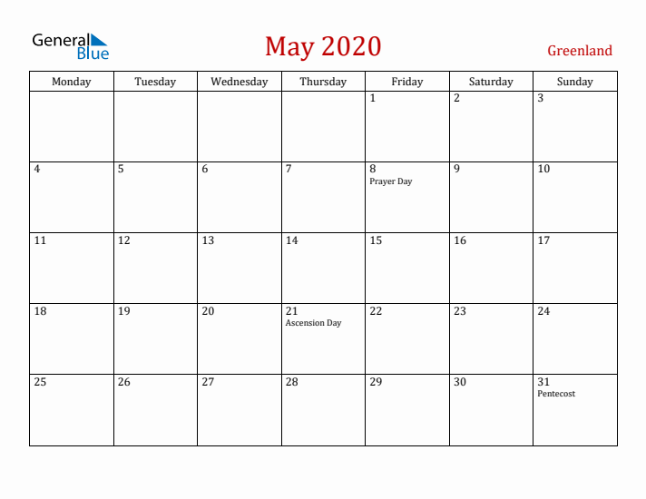 Greenland May 2020 Calendar - Monday Start