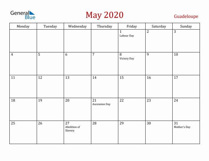 Guadeloupe May 2020 Calendar - Monday Start