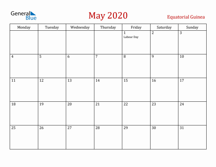 Equatorial Guinea May 2020 Calendar - Monday Start