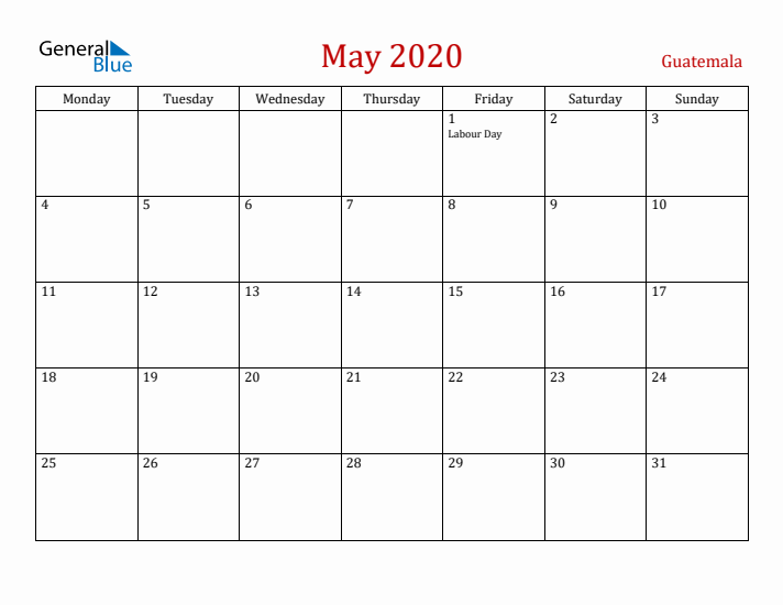 Guatemala May 2020 Calendar - Monday Start