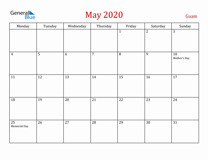 Guam May 2020 Calendar - Monday Start