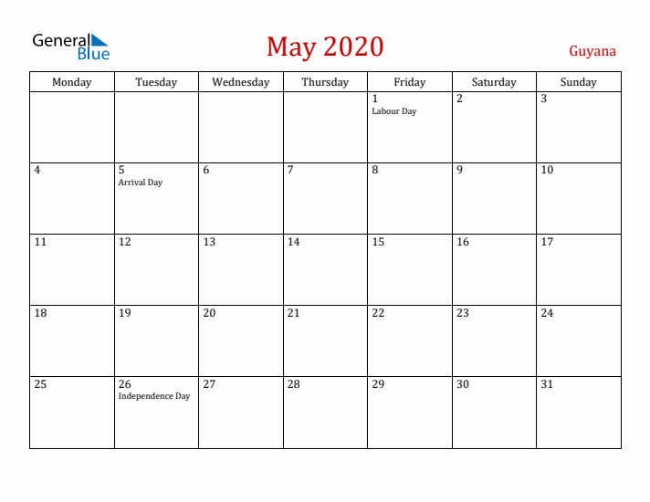 Guyana May 2020 Calendar - Monday Start