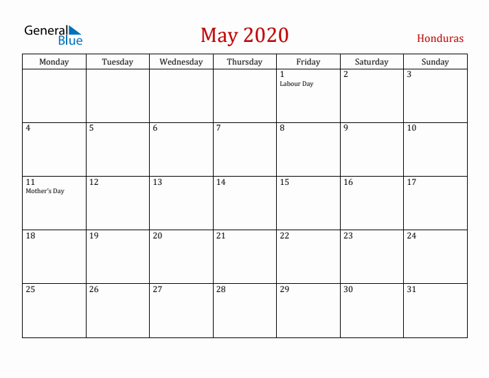 Honduras May 2020 Calendar - Monday Start