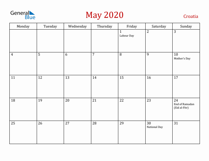 Croatia May 2020 Calendar - Monday Start