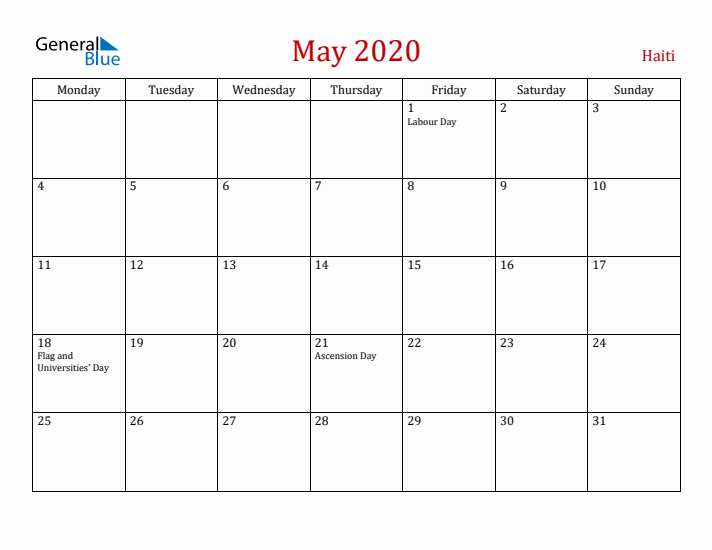 Haiti May 2020 Calendar - Monday Start