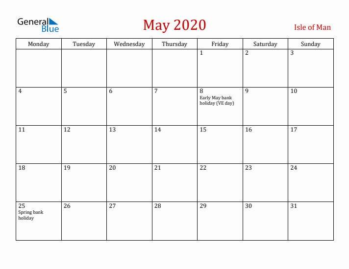 Isle of Man May 2020 Calendar - Monday Start
