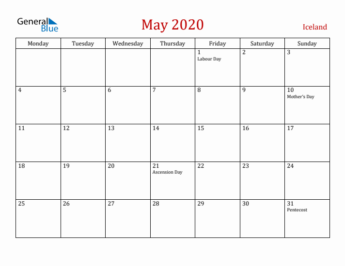 Iceland May 2020 Calendar - Monday Start