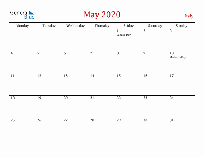 Italy May 2020 Calendar - Monday Start