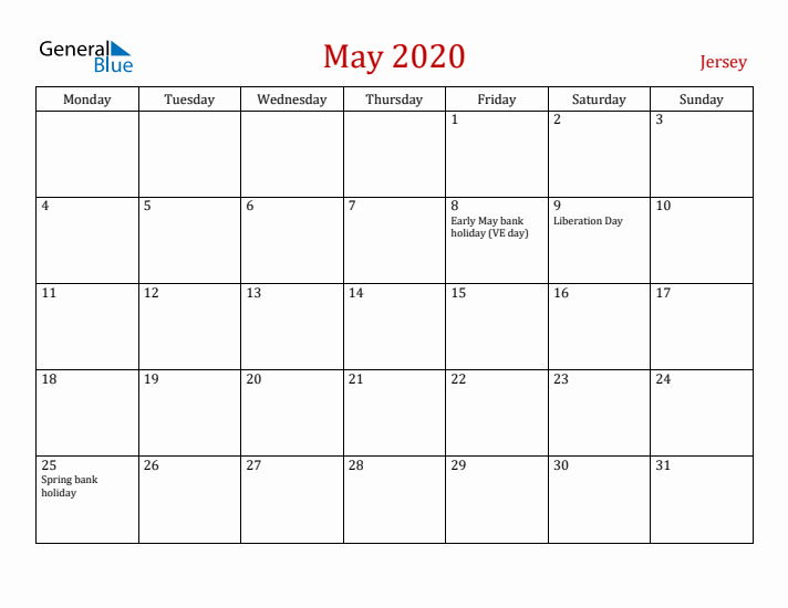 Jersey May 2020 Calendar - Monday Start