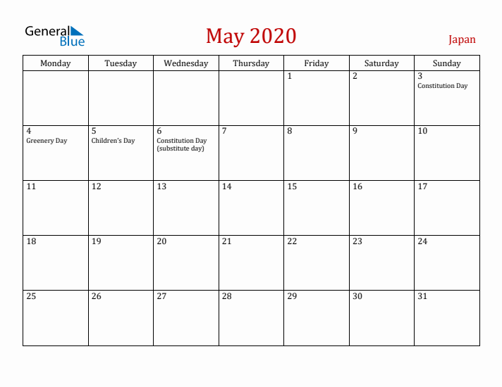 Japan May 2020 Calendar - Monday Start