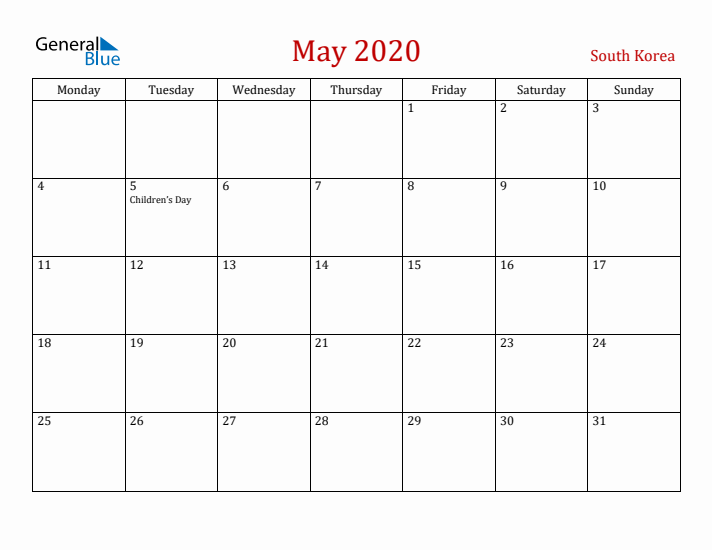 South Korea May 2020 Calendar - Monday Start