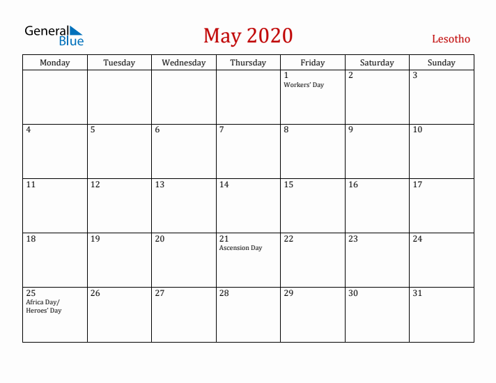 Lesotho May 2020 Calendar - Monday Start