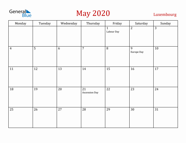 Luxembourg May 2020 Calendar - Monday Start