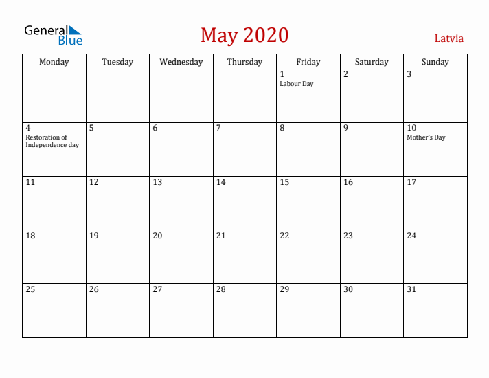 Latvia May 2020 Calendar - Monday Start