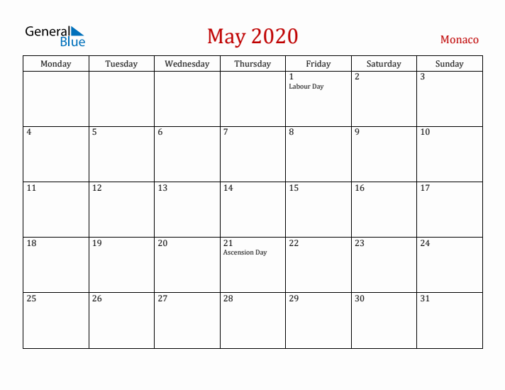 Monaco May 2020 Calendar - Monday Start