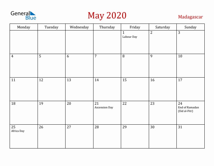 Madagascar May 2020 Calendar - Monday Start