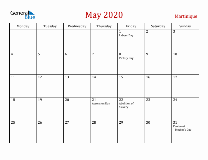 Martinique May 2020 Calendar - Monday Start