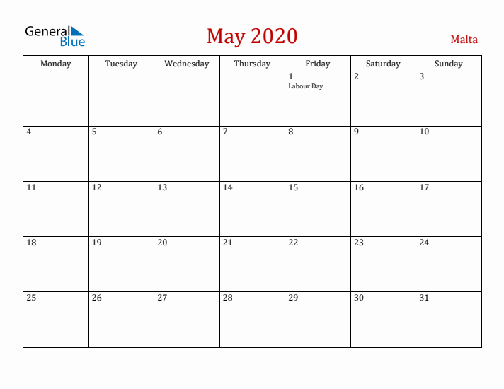Malta May 2020 Calendar - Monday Start