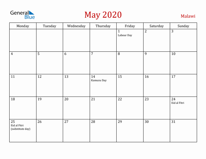 Malawi May 2020 Calendar - Monday Start