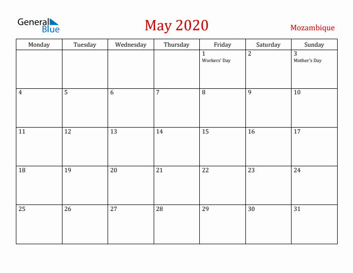 Mozambique May 2020 Calendar - Monday Start