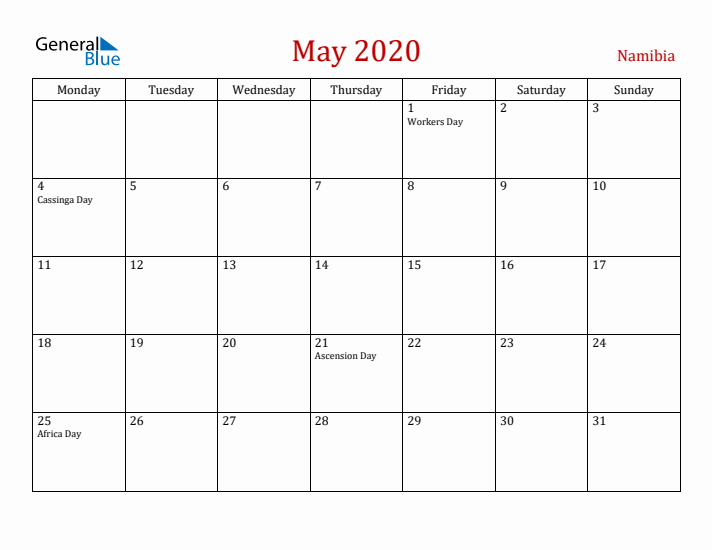 Namibia May 2020 Calendar - Monday Start