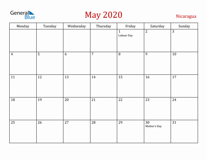 Nicaragua May 2020 Calendar - Monday Start