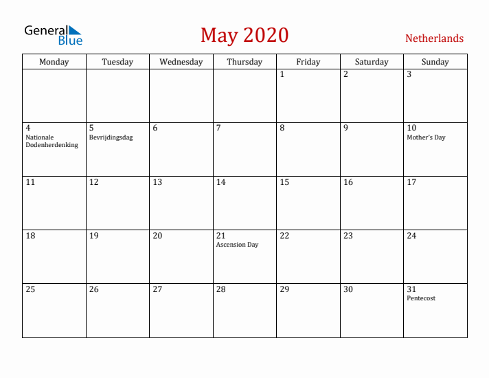 The Netherlands May 2020 Calendar - Monday Start