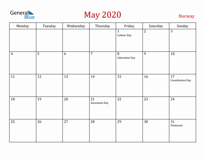 Norway May 2020 Calendar - Monday Start