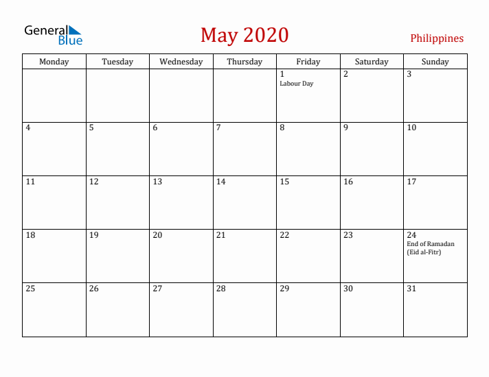 Philippines May 2020 Calendar - Monday Start