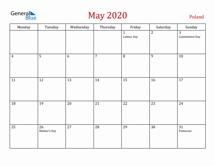 Poland May 2020 Calendar - Monday Start