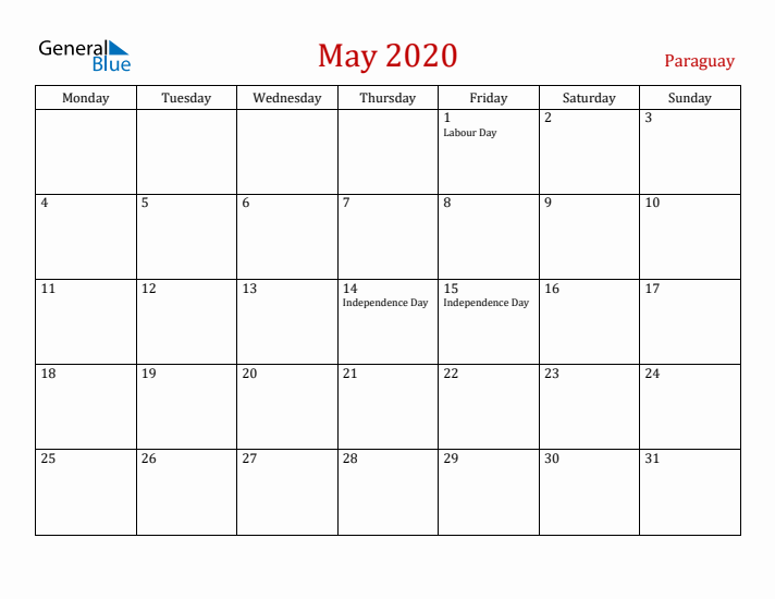 Paraguay May 2020 Calendar - Monday Start