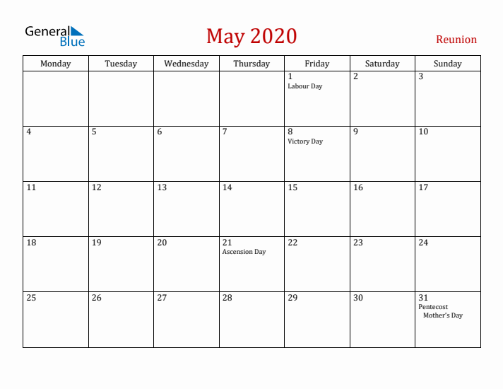 Reunion May 2020 Calendar - Monday Start