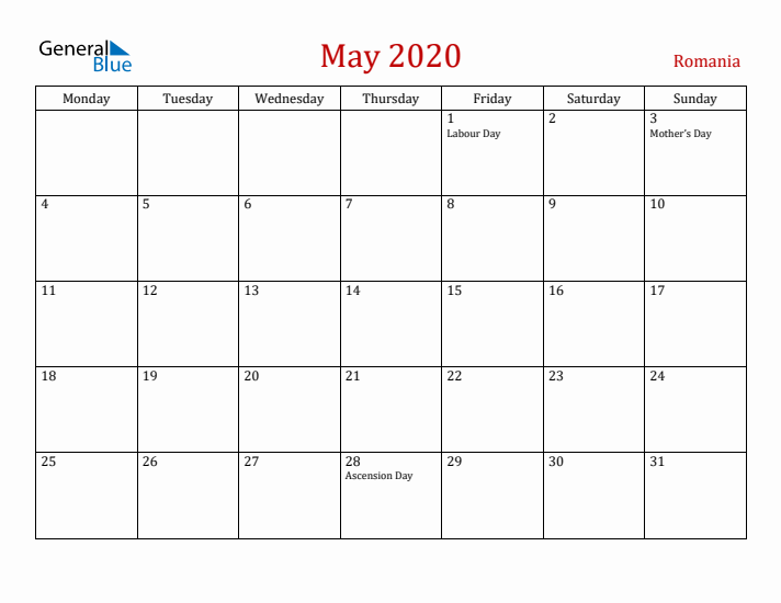 Romania May 2020 Calendar - Monday Start