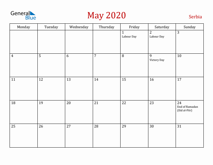 Serbia May 2020 Calendar - Monday Start