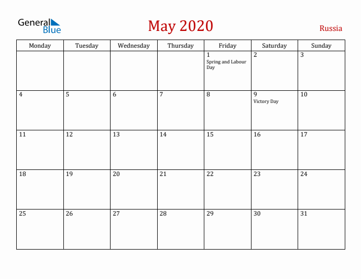 Russia May 2020 Calendar - Monday Start