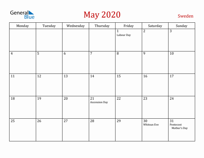 Sweden May 2020 Calendar - Monday Start
