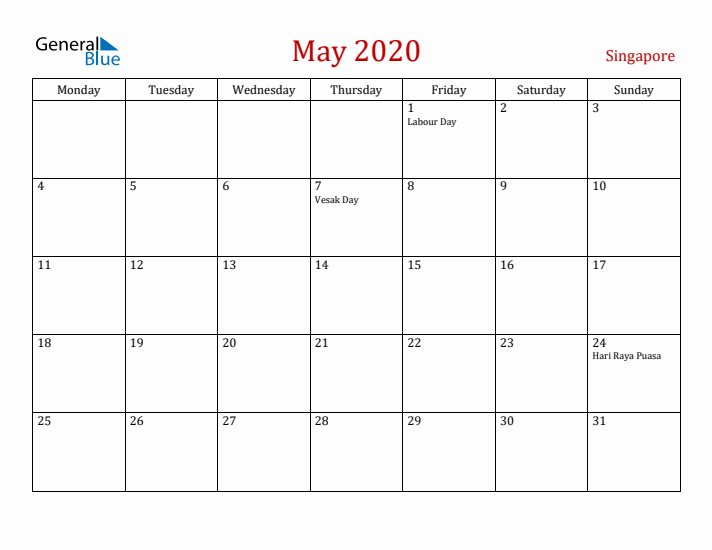 Singapore May 2020 Calendar - Monday Start