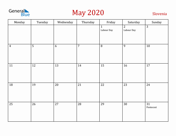 Slovenia May 2020 Calendar - Monday Start