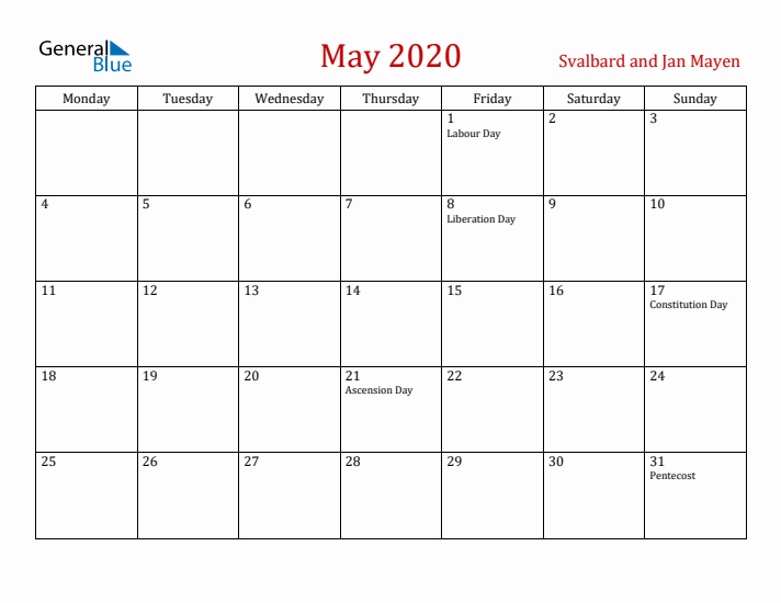 Svalbard and Jan Mayen May 2020 Calendar - Monday Start