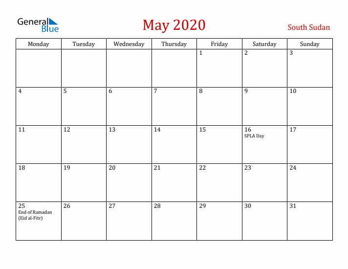 South Sudan May 2020 Calendar - Monday Start