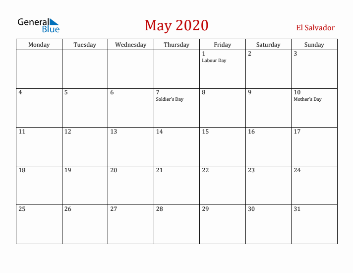 El Salvador May 2020 Calendar - Monday Start