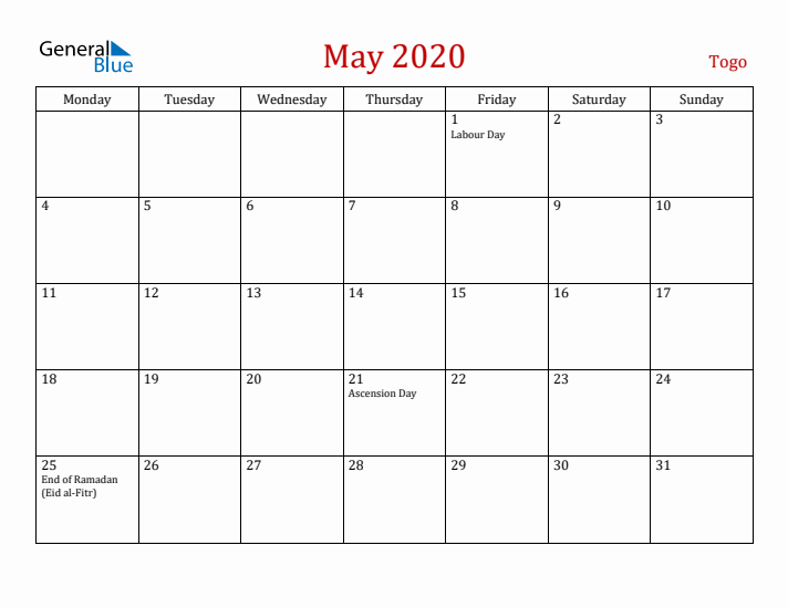 Togo May 2020 Calendar - Monday Start